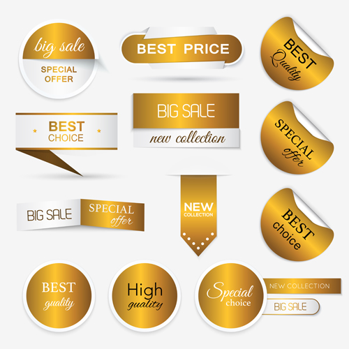 Golden sticker with badge and banners vector