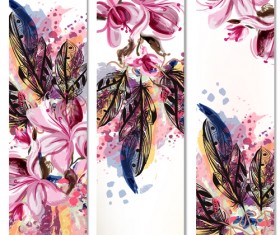 Hand drawn magnolia flowers and feathers banners vector
