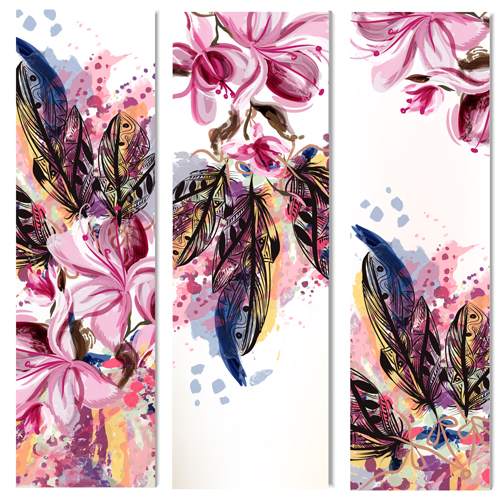 Hand drawn magnolia flowers and feathers banners vector