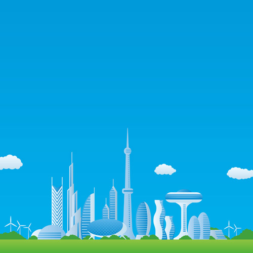 Modern city futuristic buildings and transportation vector 01