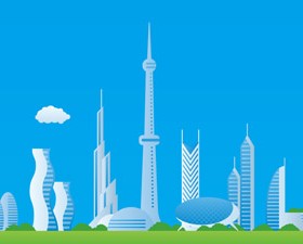 Modern city futuristic buildings and transportation vector 02
