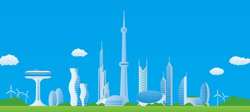 Modern city futuristic buildings and transportation vector 02