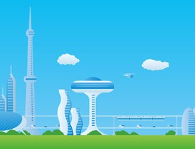 Modern city futuristic buildings and transportation vector 04