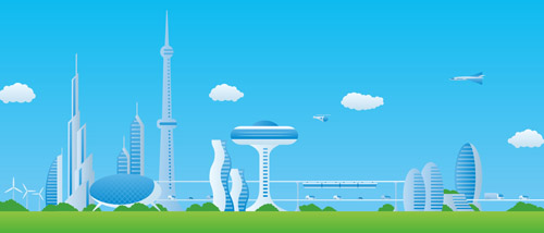 Modern city futuristic buildings and transportation vector 04