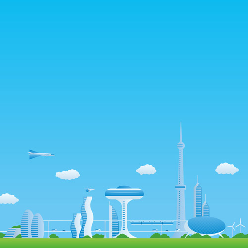 Modern city futuristic buildings and transportation vector 05