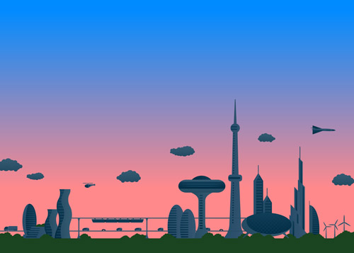 Modern city futuristic buildings and transportation vector 08