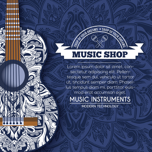 Musical instruments with blue floral background vector