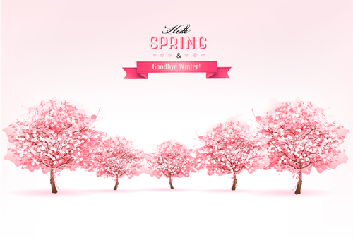 Pink spring background with tree vector 01