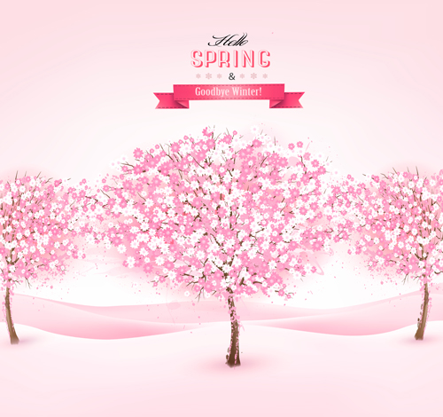 Pink spring background with tree vector 02
