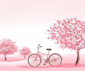 Pink tree with bike spring background vector 01