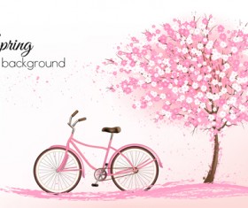Pink tree with bike spring background vector 02