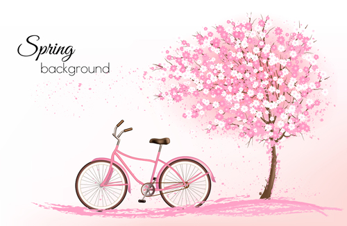 Pink tree with bike spring background vector 02