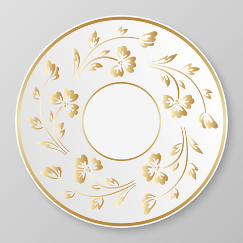 Plates with golden floral ornaments vector 01