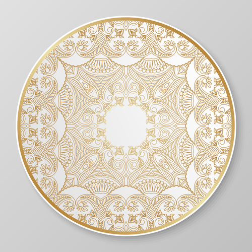 Plates with golden floral ornaments vector 03