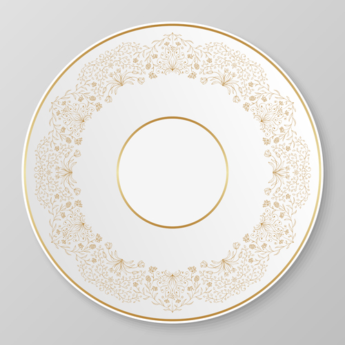 Plates with golden floral ornaments vector 12