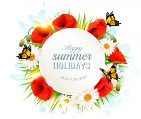 Poppies and butterflies summer background vector