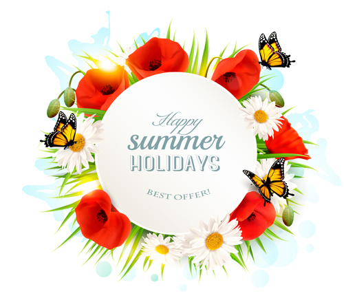 Poppies and butterflies summer background vector