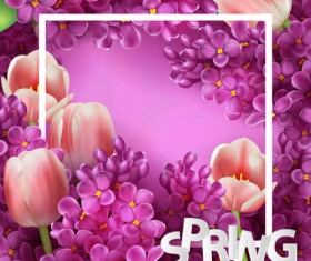 Purple lilac flowers and pink tulips background vector 01