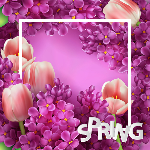Purple lilac flowers and pink tulips background vector 01