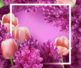 Purple lilac flowers and pink tulips background vector 02