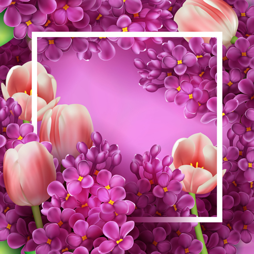 Purple lilac flowers and pink tulips background vector 02