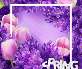 Purple lilac flowers and pink tulips background vector 03