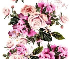 Realistic peony flowers and roses vector