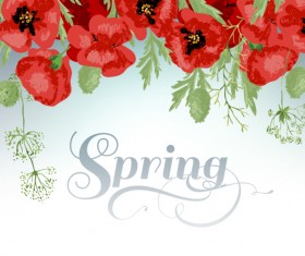 Red poppies with spring background vector 01
