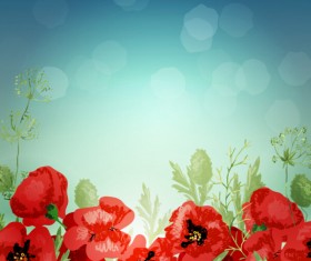 Red poppies with spring background vector 04