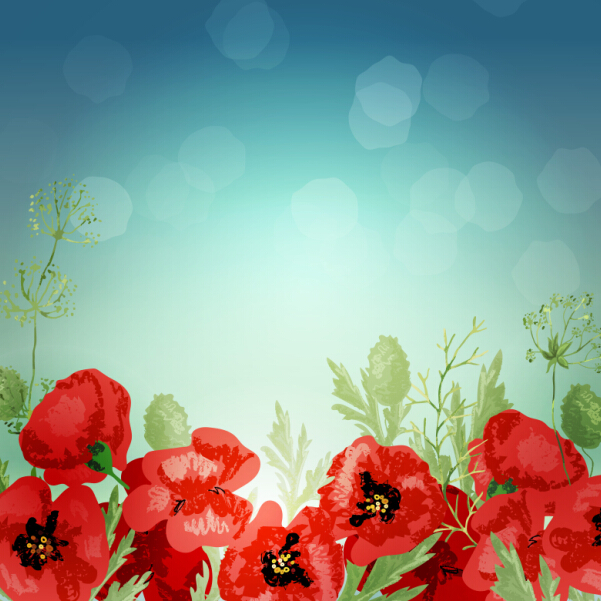 Red poppies with spring background vector 04