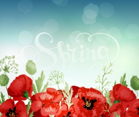Red poppies with spring background vector 05