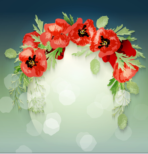 Red poppies with spring background vector 08