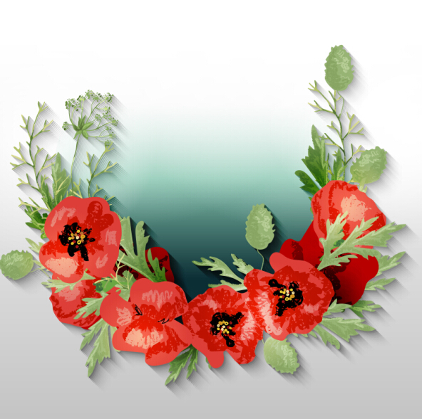 Red poppies with spring background vector 09
