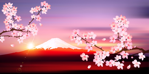 Sakura with snow mountain vector background