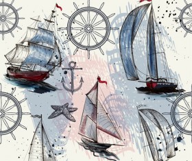 Seamless pattern with ships hand drawn vector 01