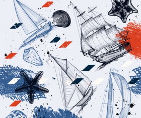 Seamless pattern with ships hand drawn vector 02