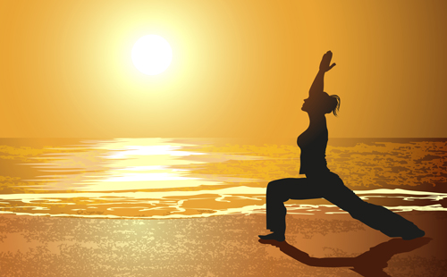 Seaside sunset background with yoga silhouetter vector 01