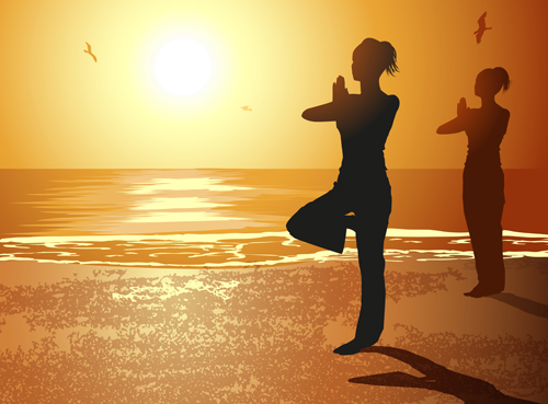Seaside sunset background with yoga silhouetter vector 02