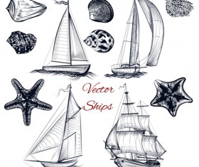 Ships boads with sea hand drawn vector 01