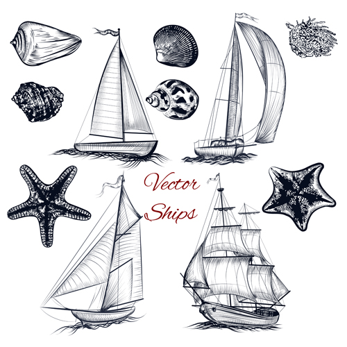 Ships boads with sea hand drawn vector 01