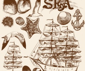 Ships boads with sea hand drawn vector 02