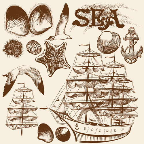 Ships boads with sea hand drawn vector 02