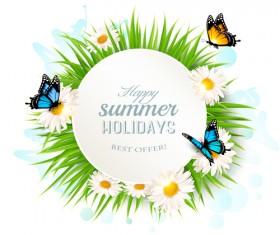 Summer holday background with green grass and butterflies vector 01