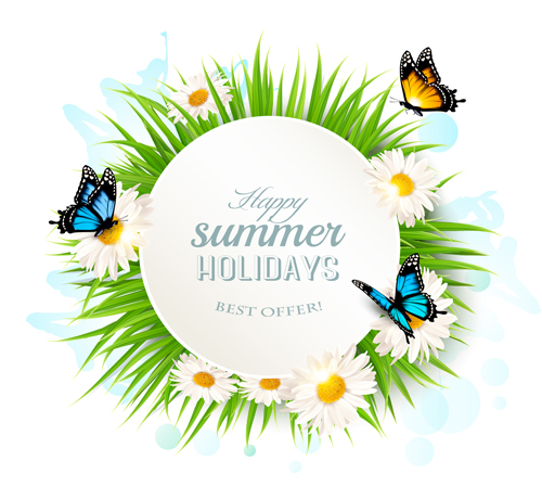 Summer holday background with green grass and butterflies vector 01