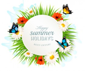 Summer holday background with green grass and butterflies vector 02