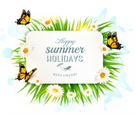 Summer holday background with green grass and butterflies vector 03