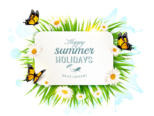 Summer holday background with green grass and butterflies vector 03