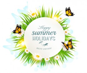 Summer holday background with green grass and butterflies vector 04