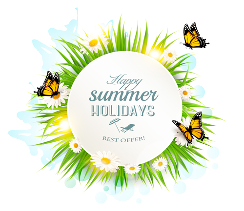 Summer holday background with green grass and butterflies vector 04