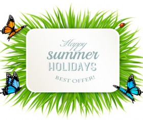 Summer holday background with green grass and butterflies vector 05